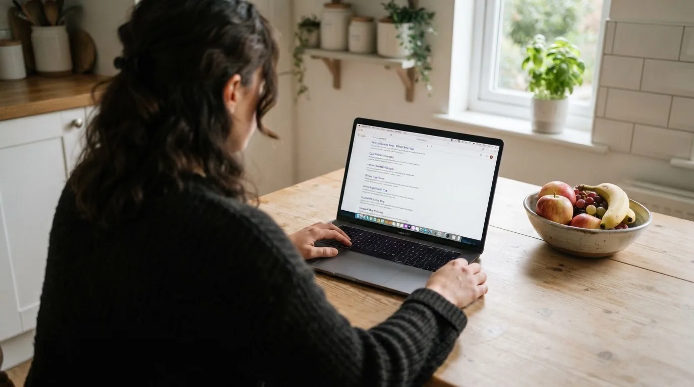 A person sits at a kitchen table, scrolling a laptop showing a general search results page about free spins offers.