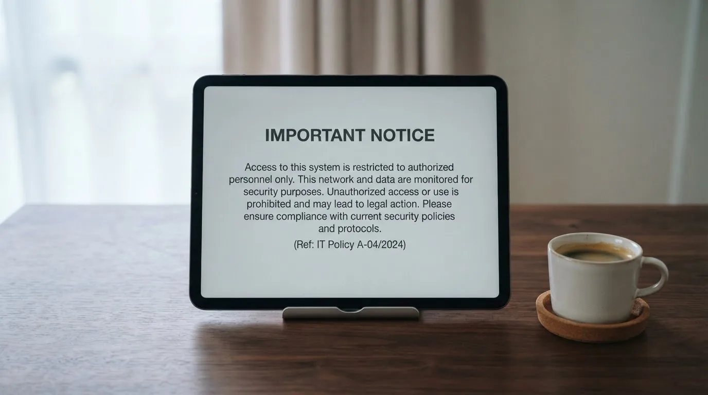 A tablet on a desk displays a plain government-style warning notice page, with a coffee cup beside it.