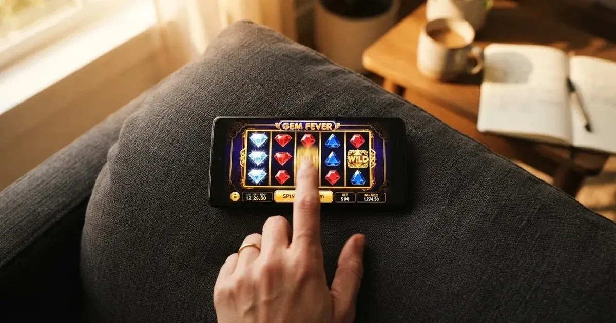 A phone screen shows a list of promotional bonus tiles as someone scrolls with one thumb on a couch.