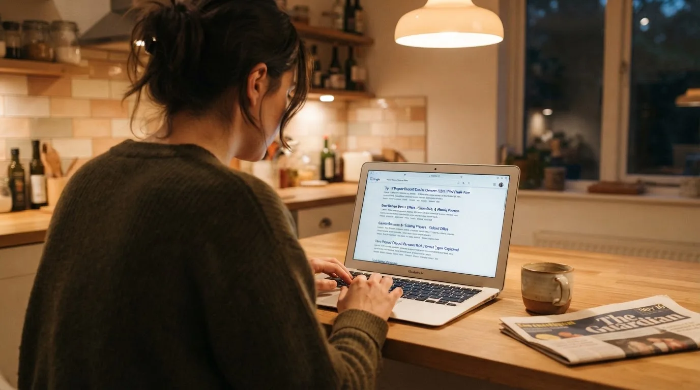 A person sits at a kitchen table, scrolling a laptop showing a general search results page about repeat-deposit offers.