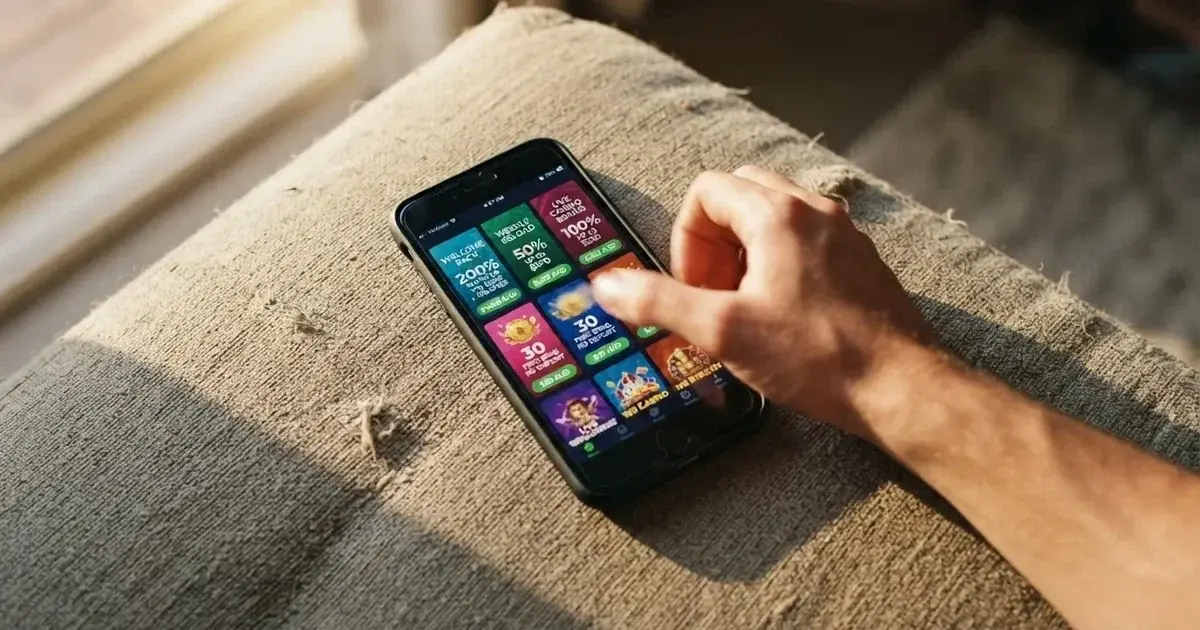 A phone screen shows a list of promotional bonus tiles as someone scrolls with one thumb on a couch.
