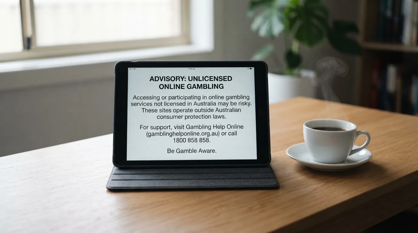 A tablet on a desk displays a plain government-style warning notice page, with a coffee cup beside it.