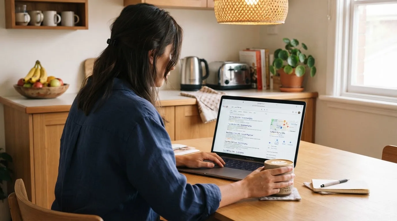 A person sits at a kitchen table, scrolling a laptop showing a general search results page about e-wallet options.