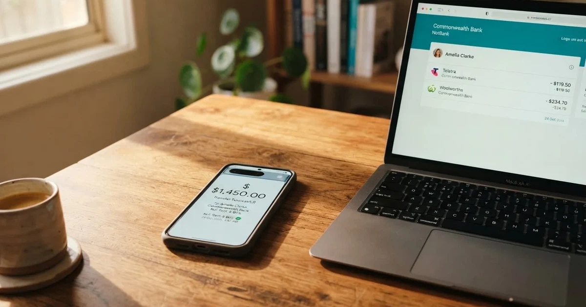 Close-up of a smartphone banking app open beside a laptop on a home desk, mid-transfer.