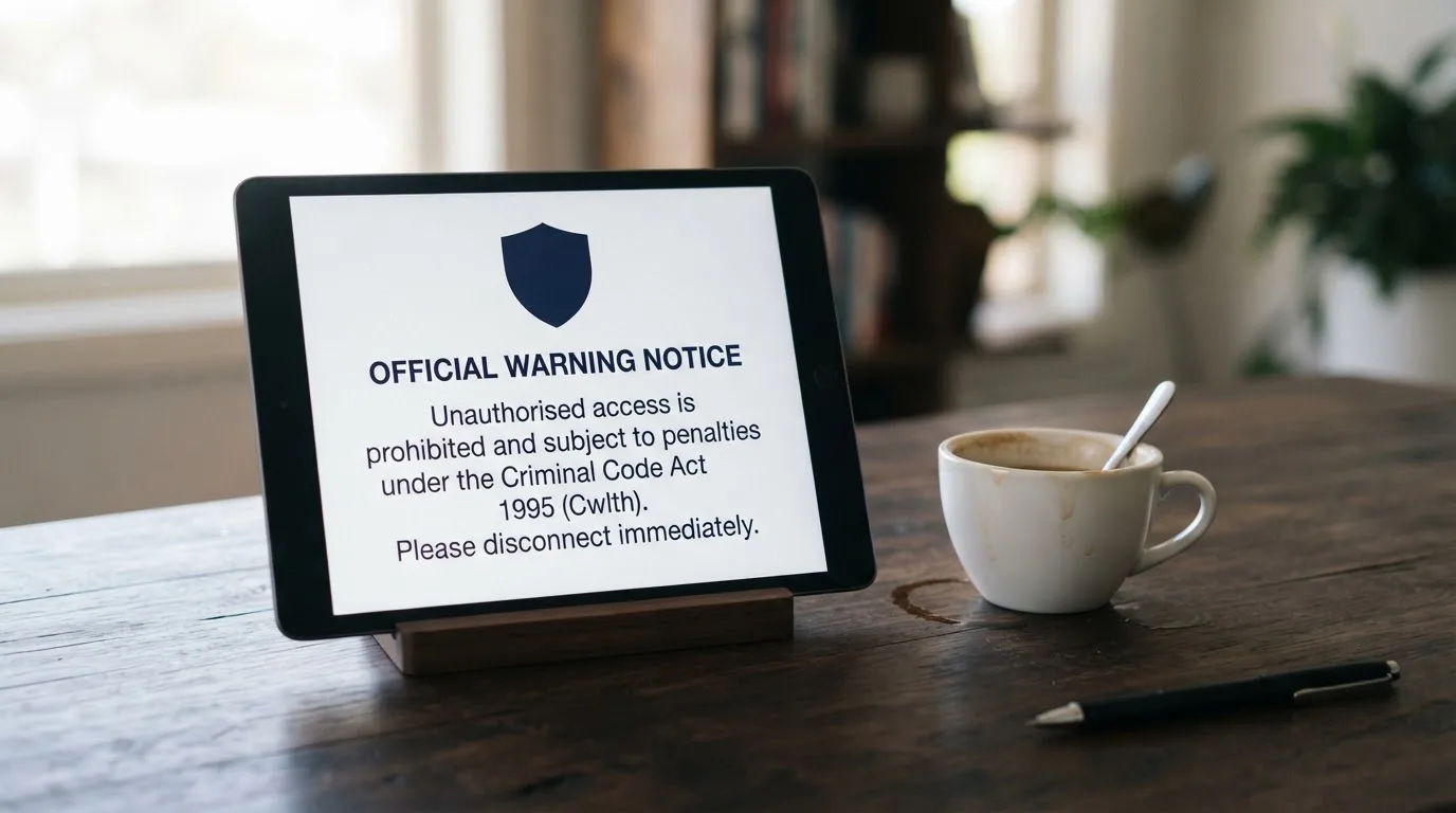 A tablet on a desk displays a plain government-style warning notice page, with a coffee cup beside it.