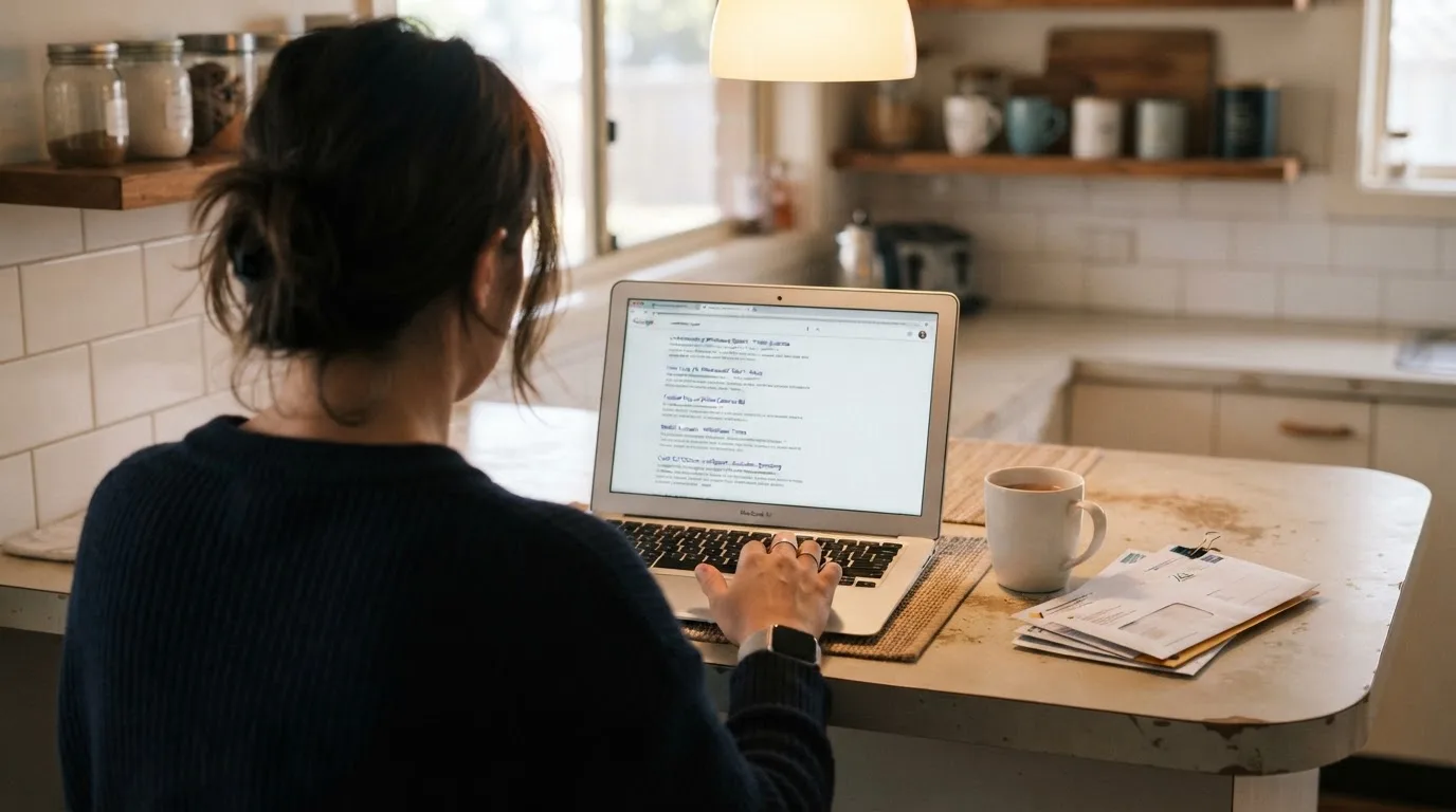 A person sits at a kitchen table, scrolling a laptop showing a general search results page about withdrawal speed.