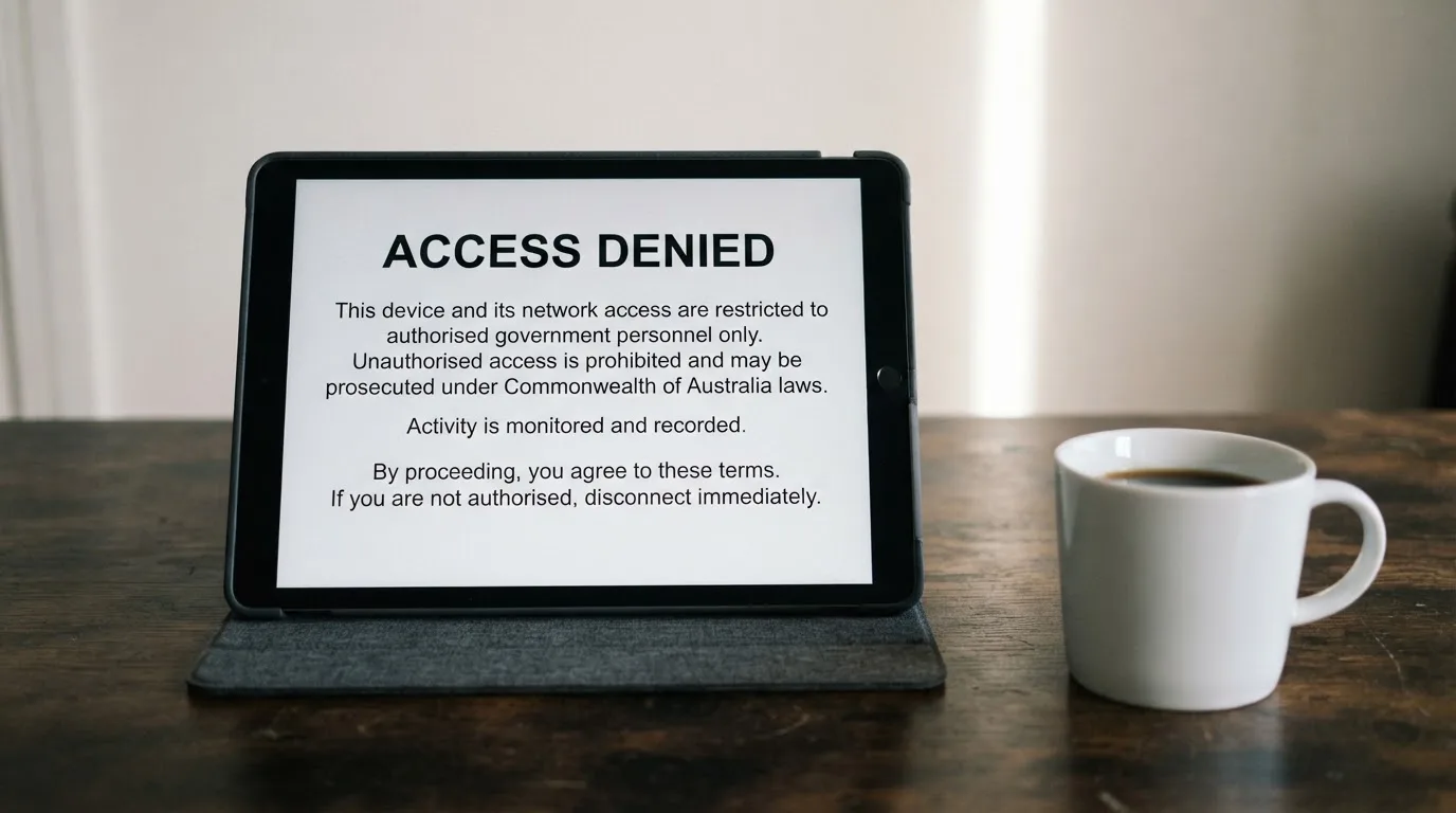 A tablet on a desk displays a plain government-style warning notice page, with a coffee cup beside it.