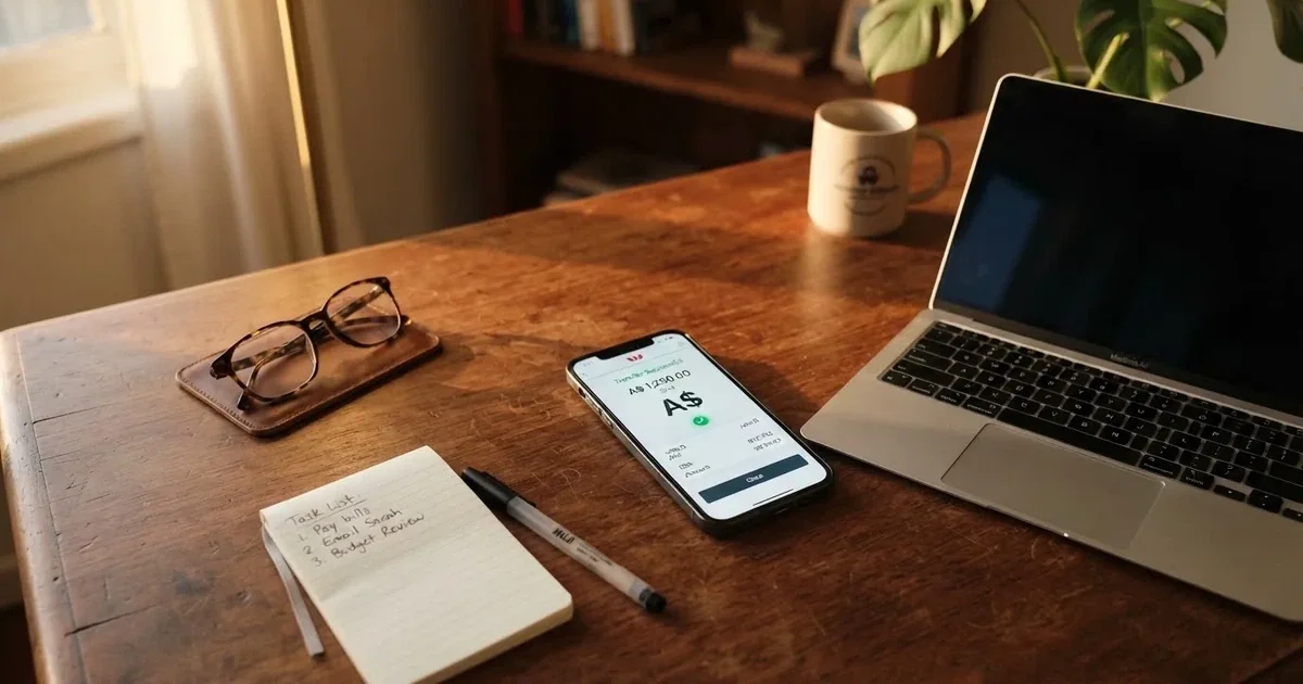 Close-up of a smartphone banking app open beside a laptop on a home desk, mid-transfer.