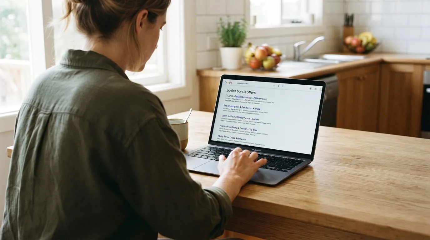 A person sits at a kitchen table, scrolling a laptop showing a general search results page about pokies bonus offers.