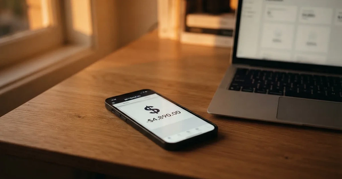 Close-up of a smartphone banking app open beside a laptop on a home desk, mid-transfer.