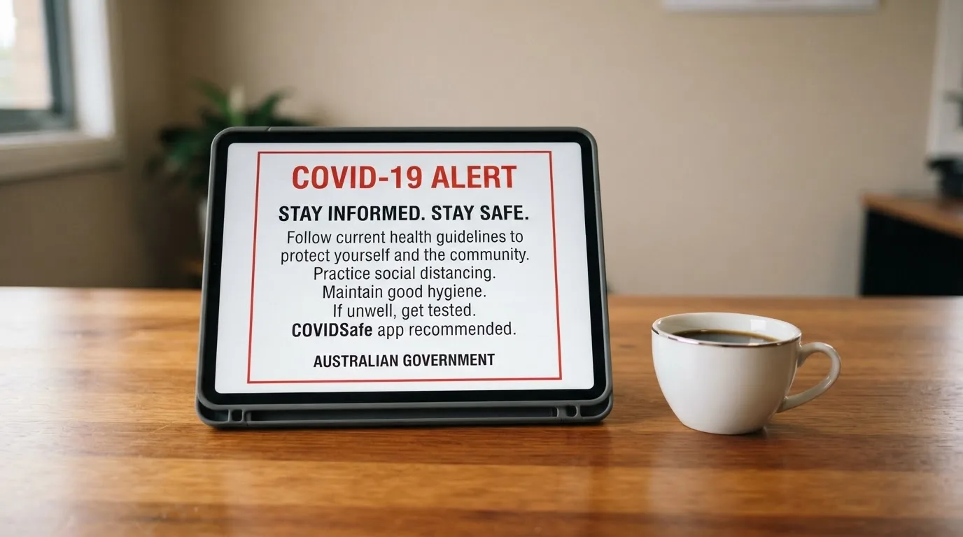 A tablet on a desk displays a plain government-style warning notice page, with a coffee cup beside it.