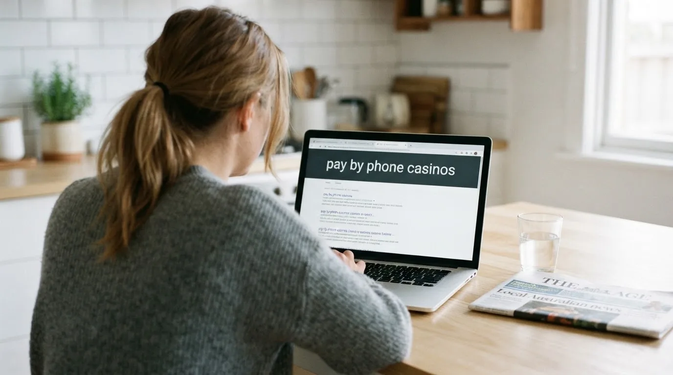 A person sits at a kitchen table, scrolling a laptop showing a general search results page about phone-bill deposits.