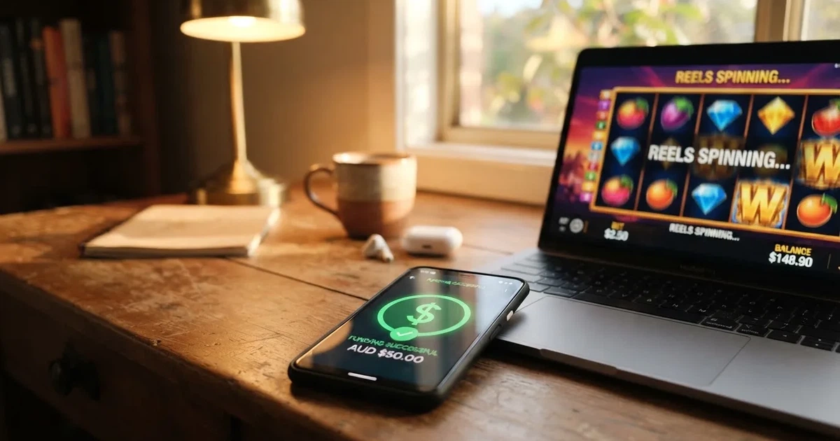 Close-up of a smartphone banking app open beside a laptop on a home desk, mid-transfer.