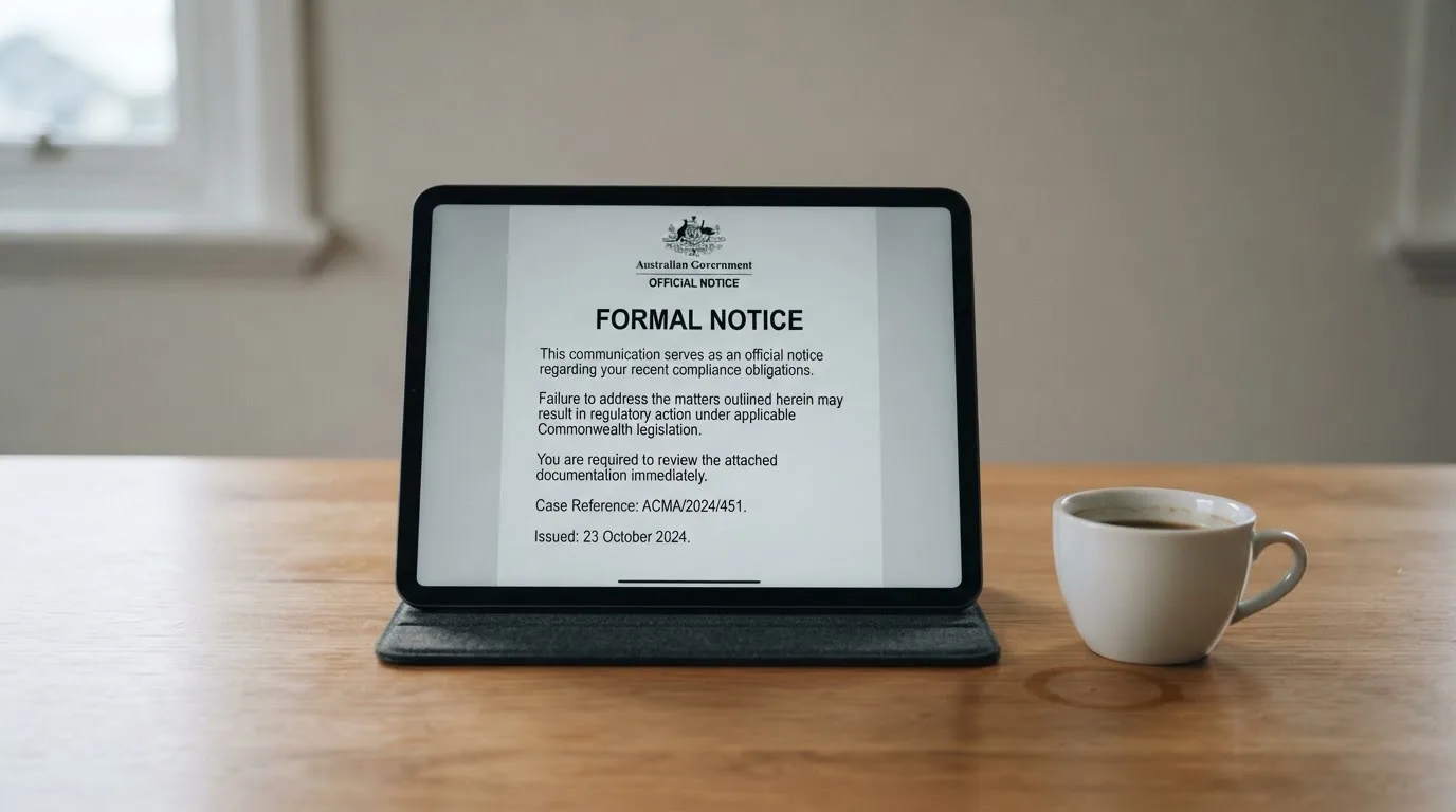 A tablet on a desk displays a plain government-style warning notice page, with a coffee cup beside it.