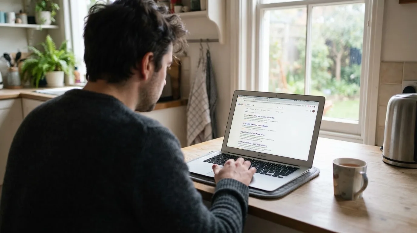 A person sits at a kitchen table, scrolling a laptop showing a general search results page about a review of a pokies site.