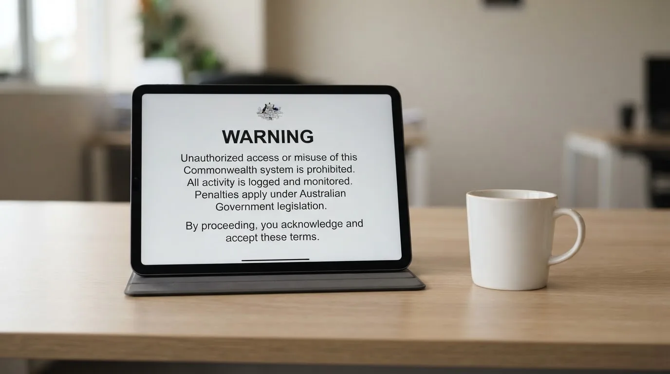 A tablet on a desk displays a plain government-style warning notice page, with a coffee cup beside it.