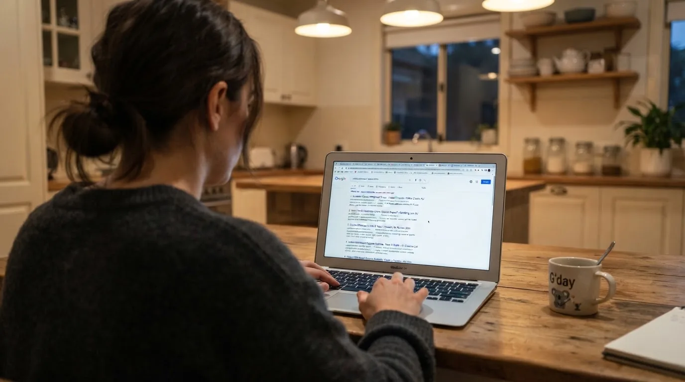 A person sits at a kitchen table, scrolling a laptop showing a general search results page about withdrawal speed claims.