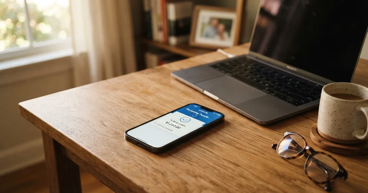 Close-up of a smartphone banking app open beside a laptop on a home desk, mid-transfer.