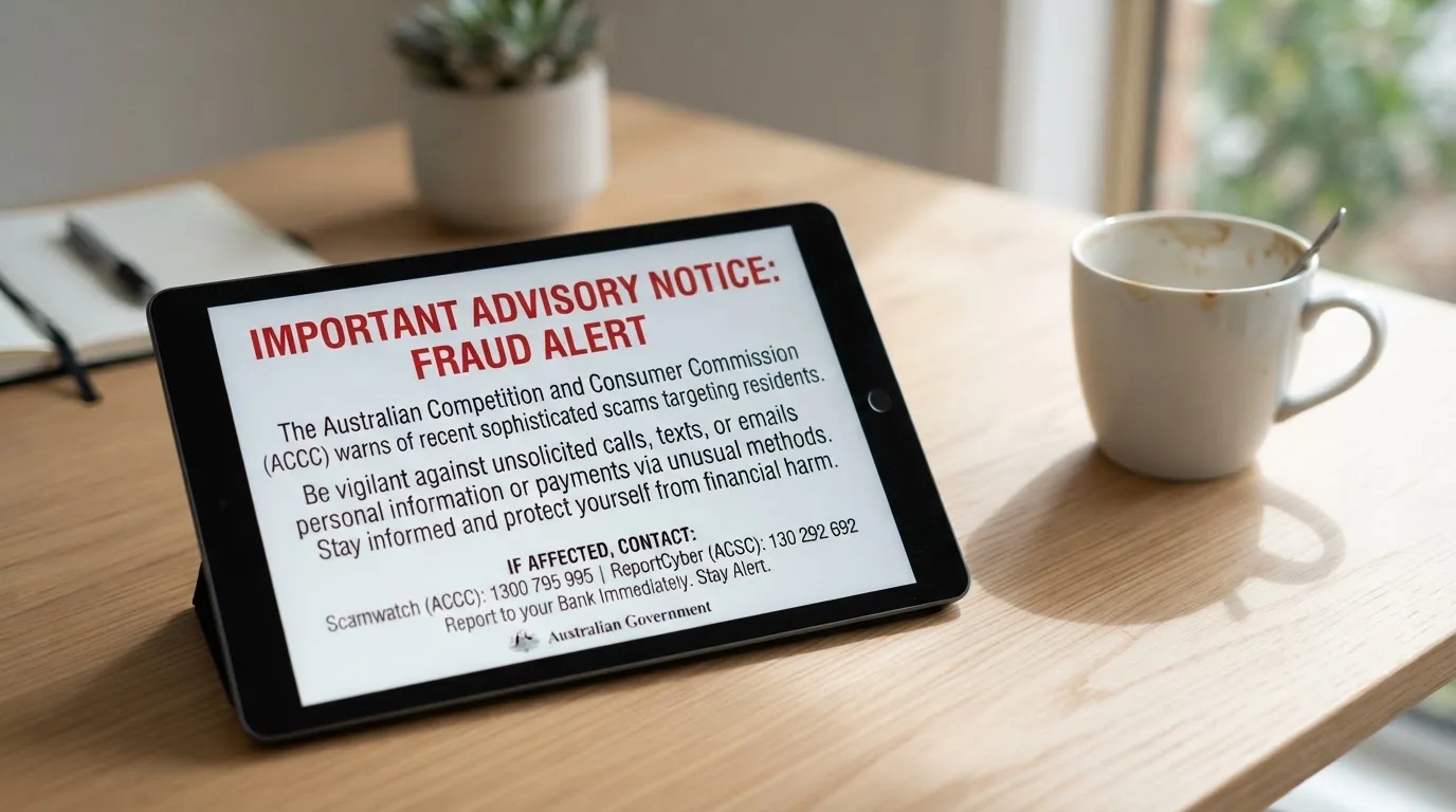A tablet on a desk displays a plain government-style warning notice page, with a coffee cup beside it.