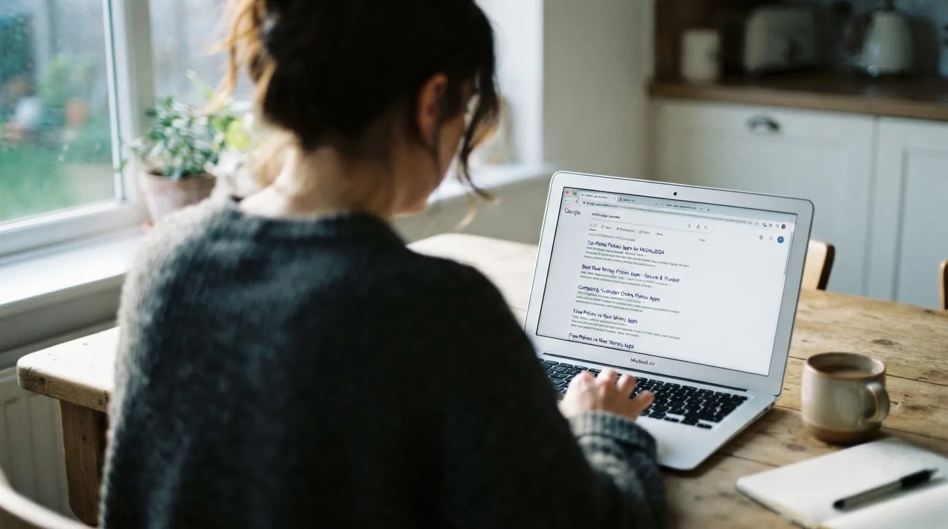 A person sits at a kitchen table, scrolling a laptop showing a general search results page about pokies apps.