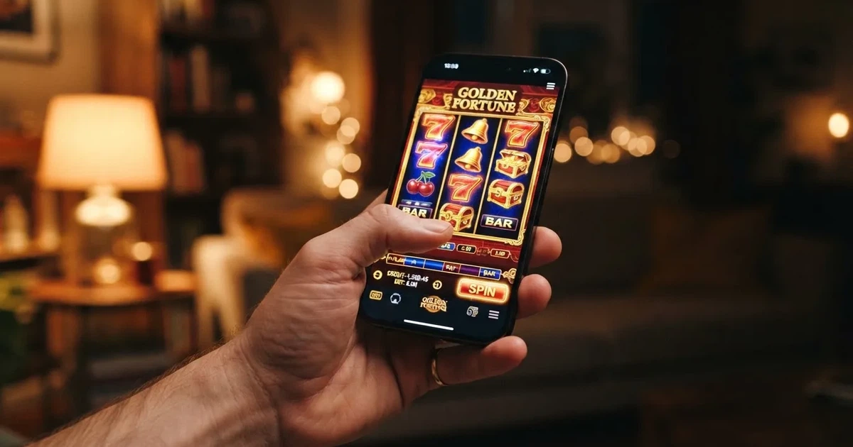 A hand holds a smartphone with an app icon grid visible on the home screen, thumb hovering over the display.