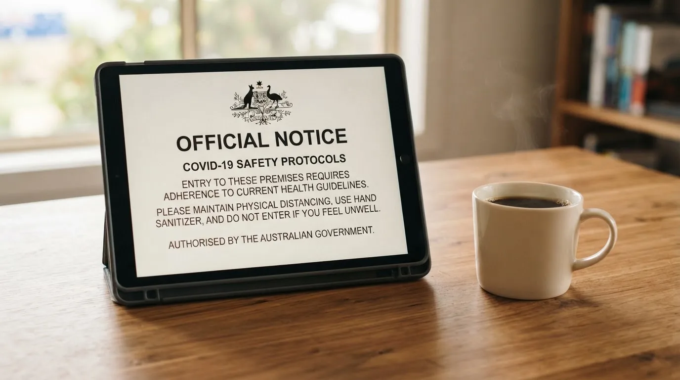 A tablet on a desk displays a plain government-style warning notice page, with a coffee cup beside it.