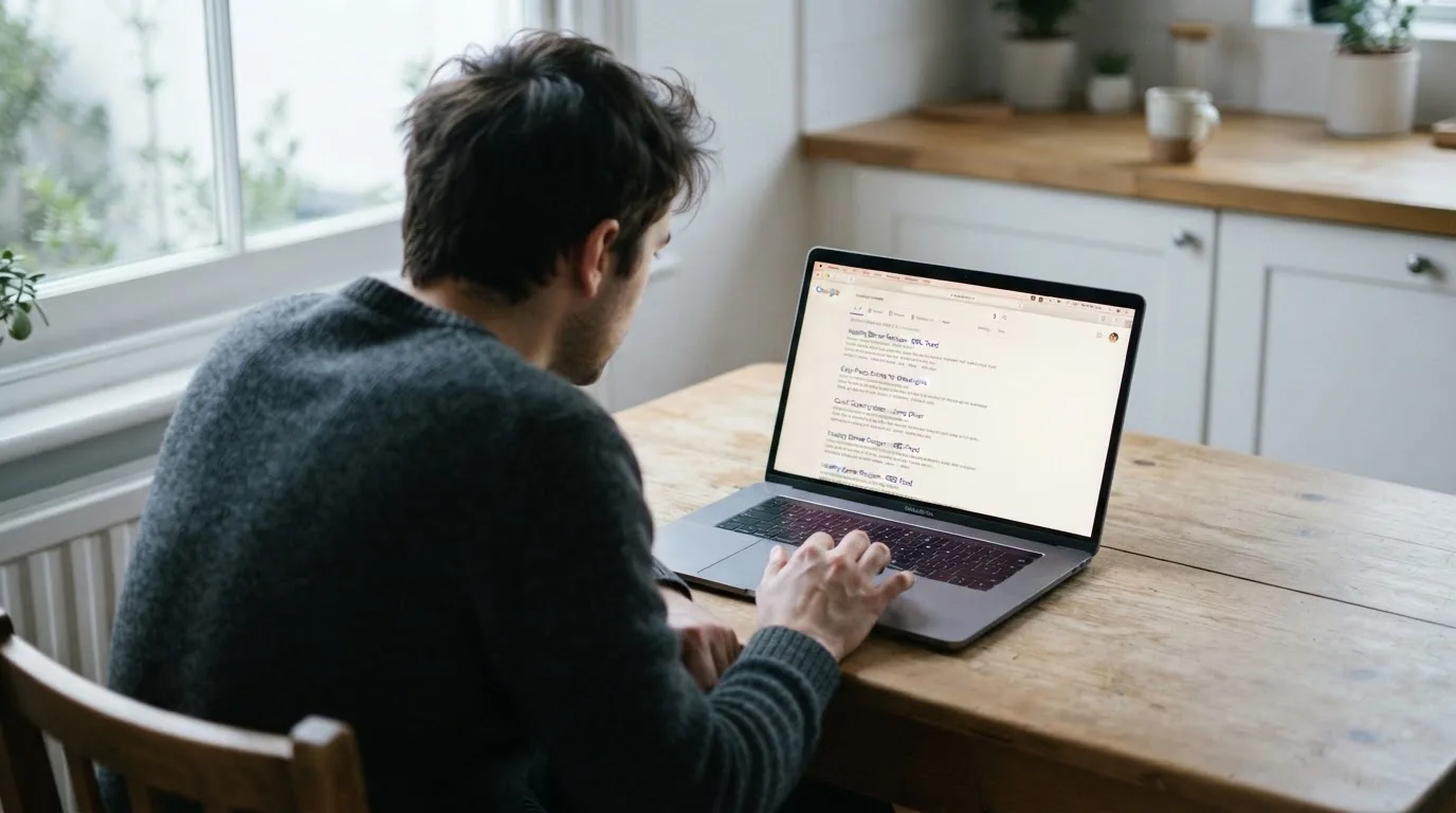 A person sits at a kitchen table, scrolling a laptop showing a general search results page about pokies apps.