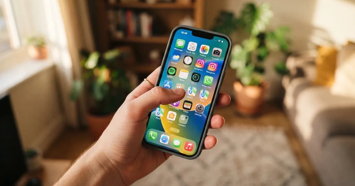 A hand holds a smartphone with an app icon grid visible on the home screen, thumb hovering over the display.