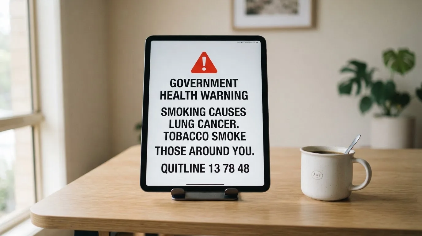 A tablet on a desk displays a plain government-style warning notice page, with a coffee cup beside it.