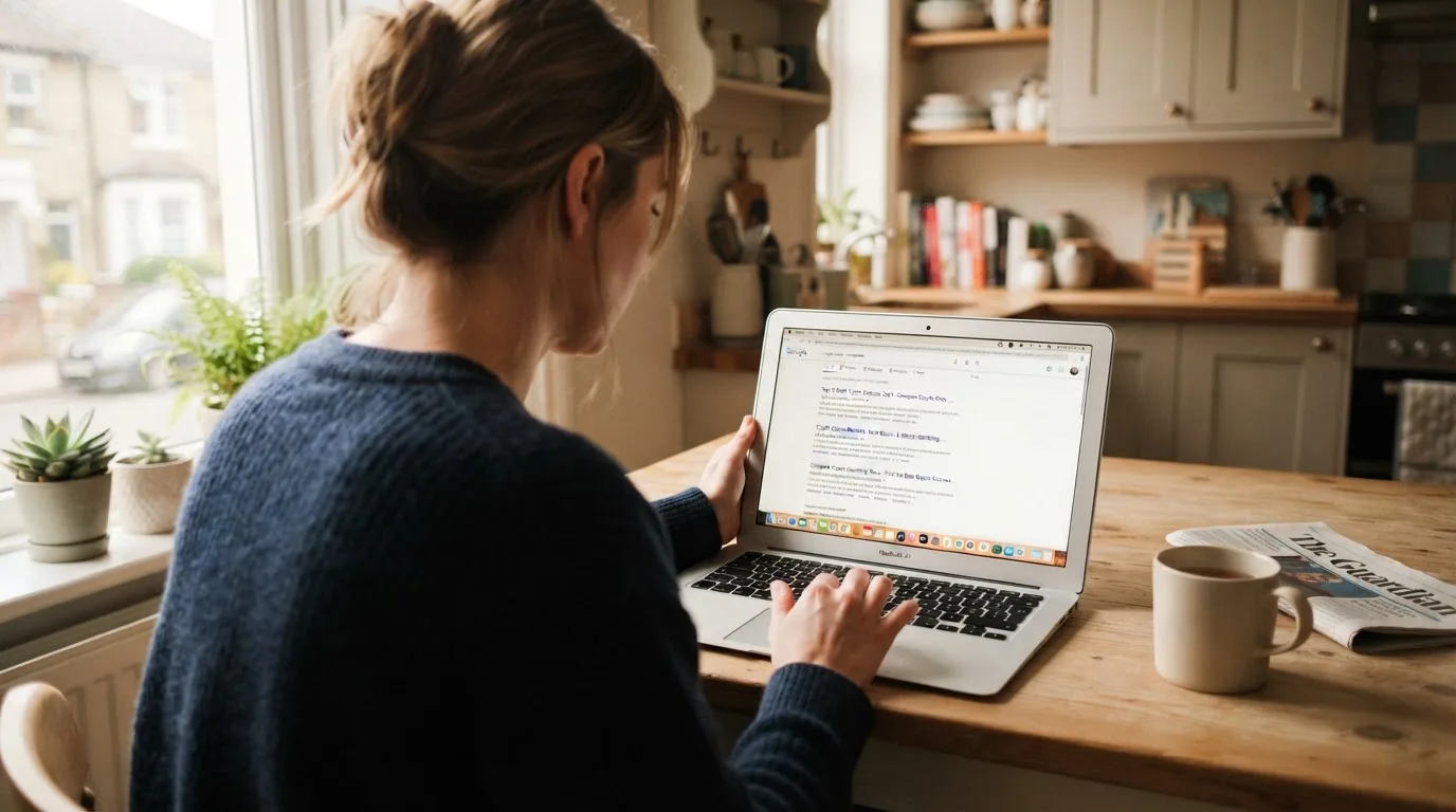 A person sits at a kitchen table, scrolling a laptop showing a general search results page about crypto casino comparisons.