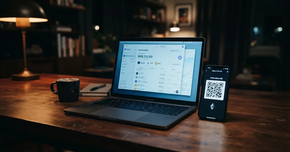 A laptop screen shows a cryptocurrency wallet balance next to a phone displaying a QR code, on a desk at night.