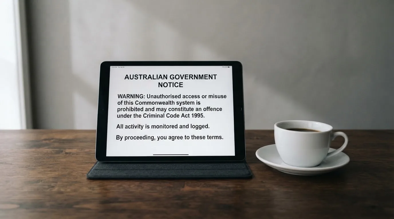 A tablet on a desk displays a plain government-style warning notice page, with a coffee cup beside it.