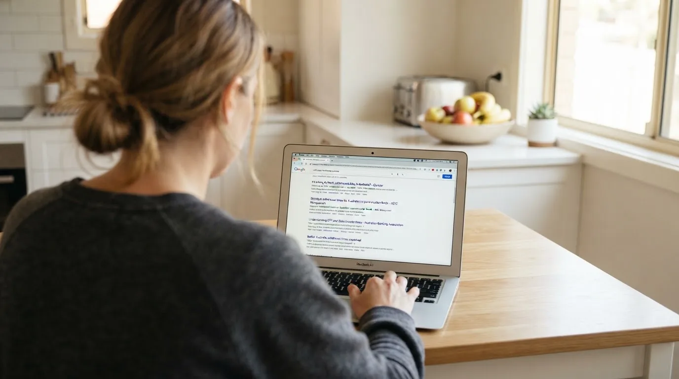 A person sits at a kitchen table, scrolling a laptop showing a general search results page about withdrawal timeframes.