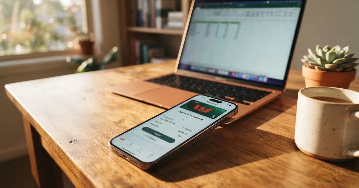 Close-up of a smartphone banking app open beside a laptop on a home desk, mid-transfer.