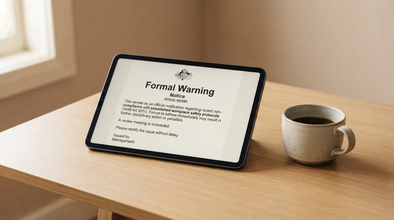A tablet on a desk displays a plain government-style warning notice page, with a coffee cup beside it.